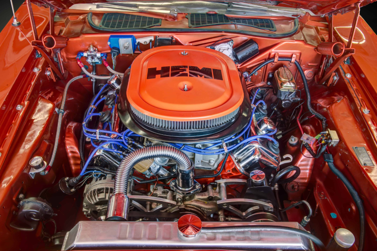 Orange American V8 engine bay